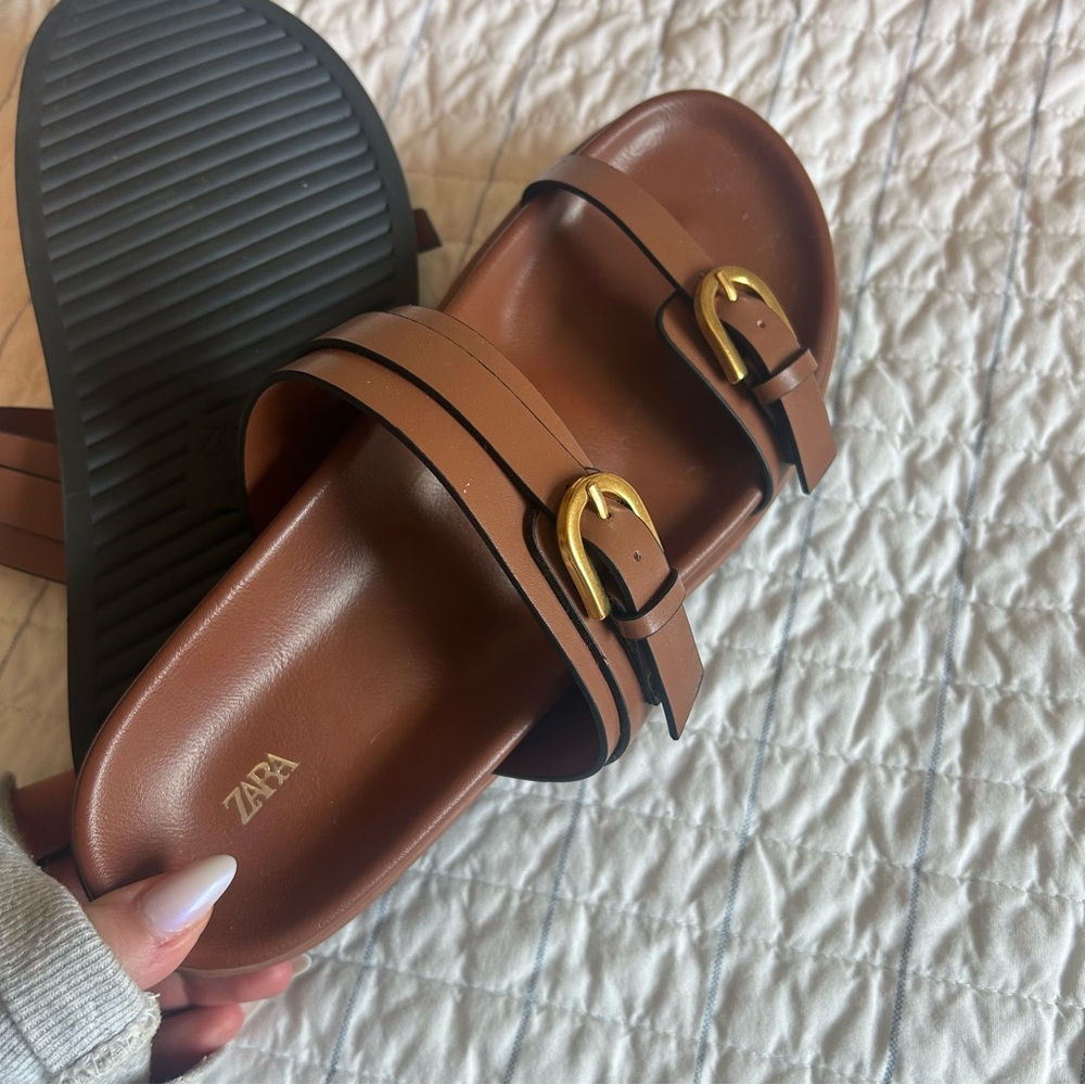 Zara Double Strap Slides with Gold Buckles